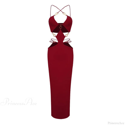 Metal Ring Halter Maxi Party Dress