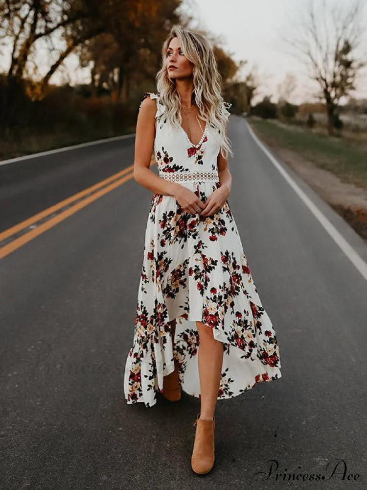 Neck Full-Length V Asymmetry Flowered Bohemia Backless Dress