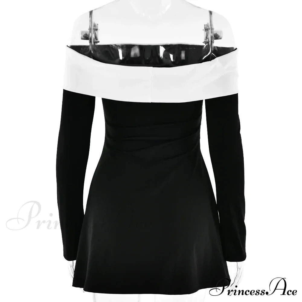 Off-Shoulder Colourblock Long Charming Sleeve Mini Dress