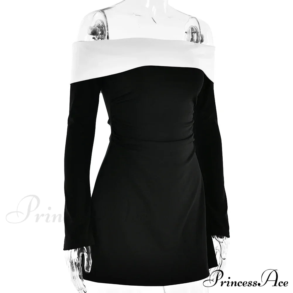 Off-Shoulder Colourblock Long Charming Sleeve Mini Dress