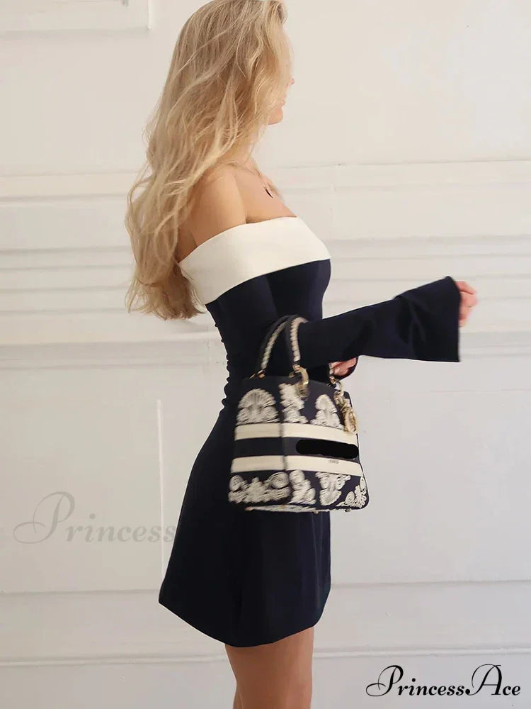 Off-Shoulder Colourblock Long Charming Sleeve Mini Dress