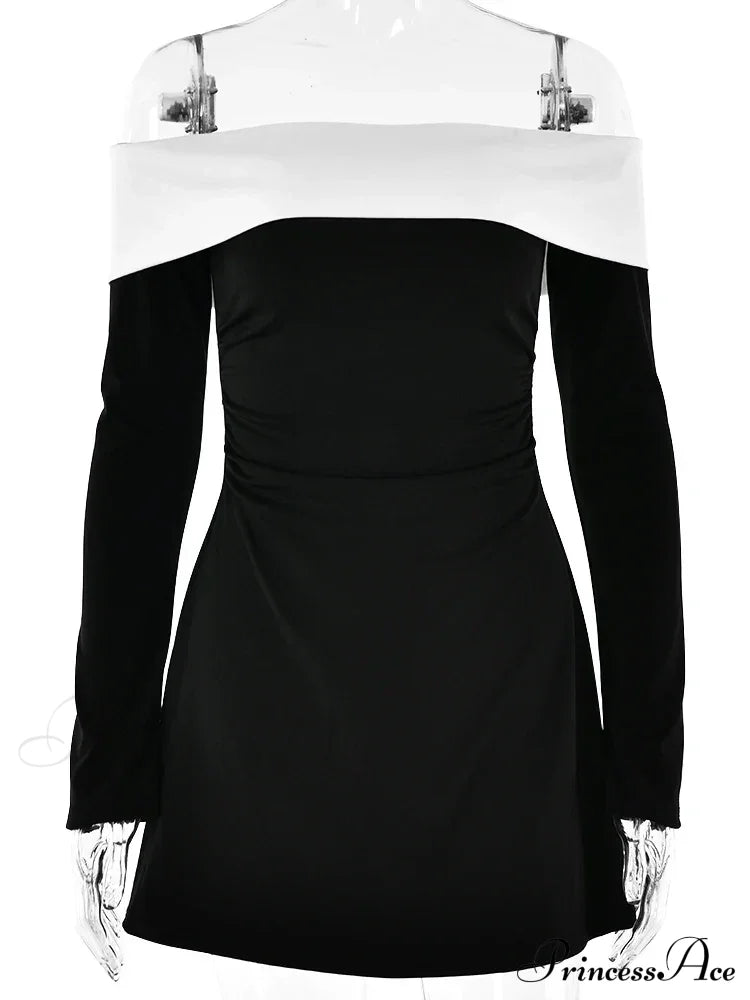Off-Shoulder Colourblock Long Charming Sleeve Mini Dress