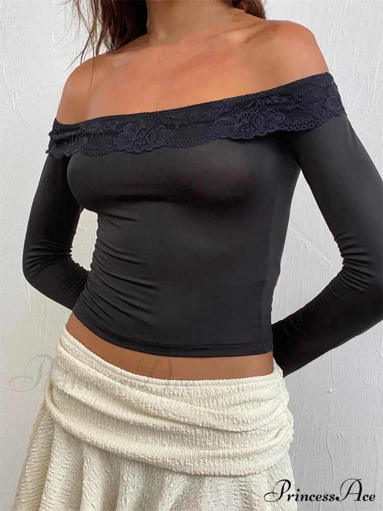 Off Shoulder Cropped Lace Patchwork Long Sleeve Slash Neck T-Shirts
