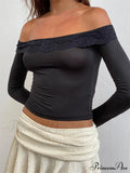 Off Shoulder Cropped Lace Patchwork Long Sleeve Slash Neck T-Shirts