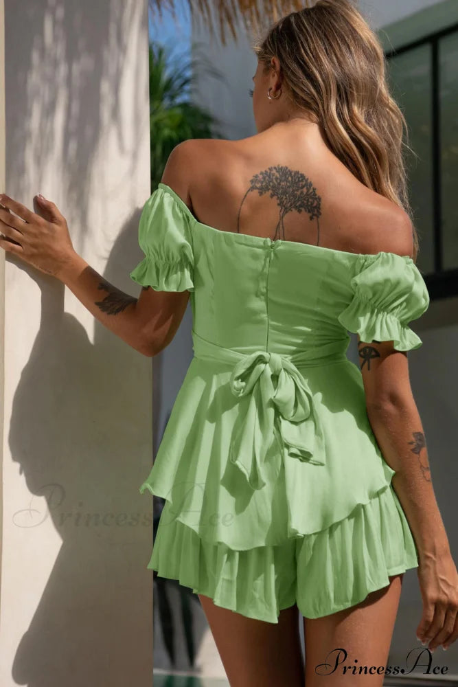 Off Shoulder Ruffled Skirt Pants with Tie Back