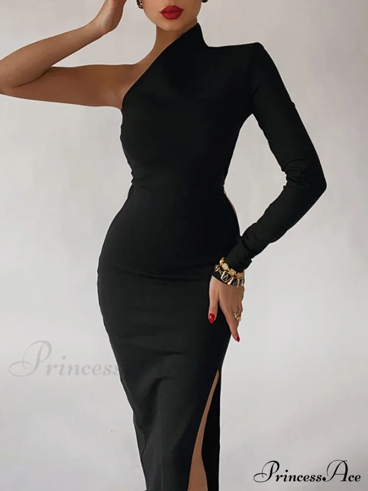 One Full-Length Warm-Season Women's Elegant Gown Shoulder - Black
