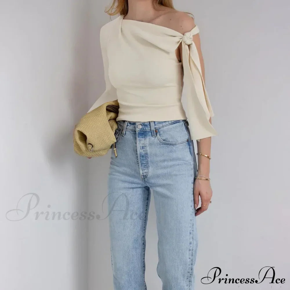 One Shoulder Long Charming Sleeve Tie Up Top