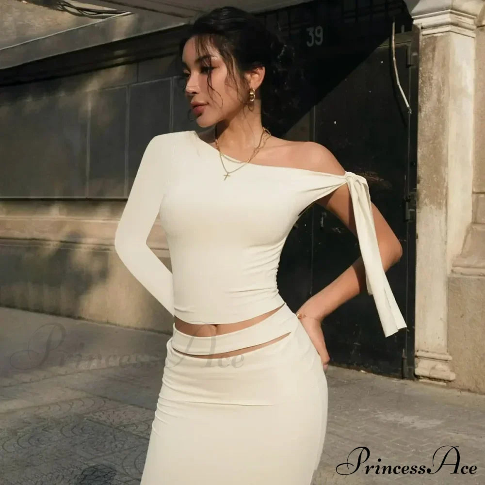 One Shoulder Long Charming Sleeve Tie Up Top