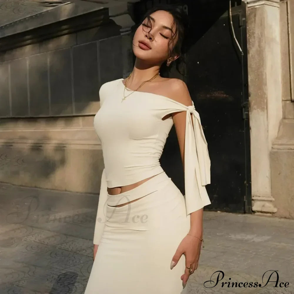 One Shoulder Long Charming Sleeve Tie Up Top
