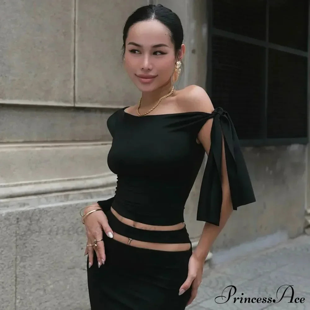 One Shoulder Long Charming Sleeve Tie Up Top