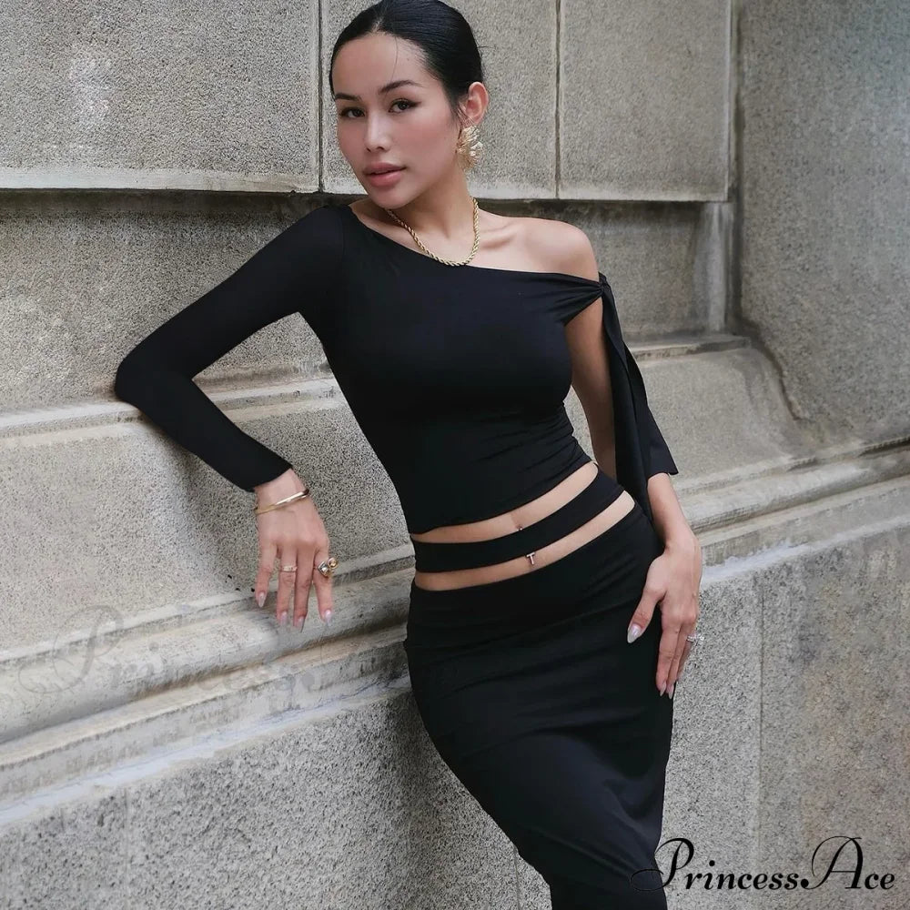 One Shoulder Long Charming Sleeve Tie Up Top