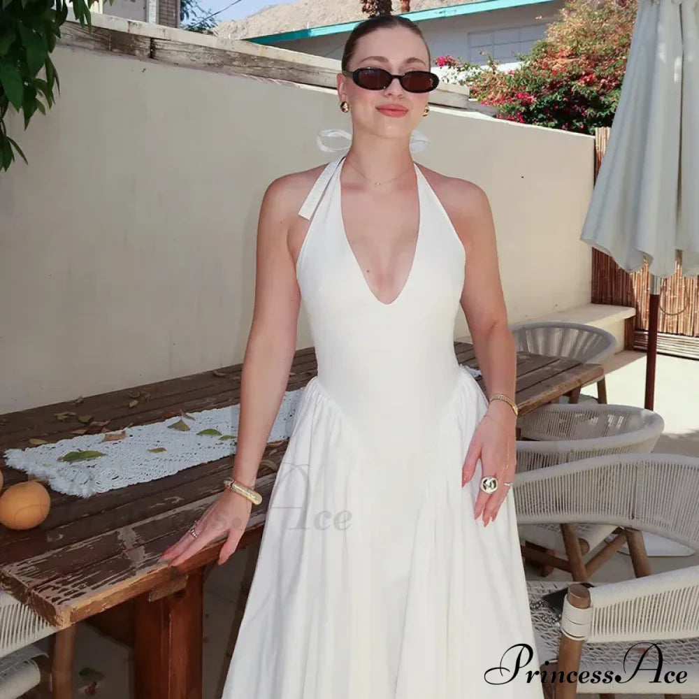 Open Back Halter Deep Graceful V-neck White Ankle Length Dress