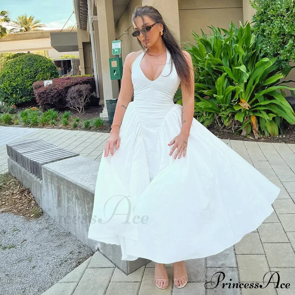 Open Back Halter Deep Graceful V-neck White Ankle Length Dress