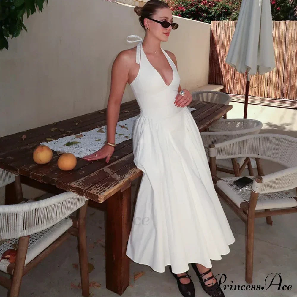 Open Back Halter Deep Graceful V-neck White Ankle Length Dress