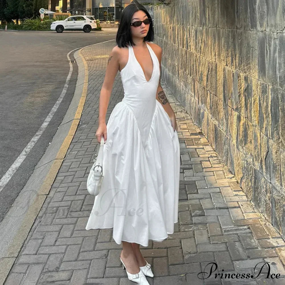 Open Back Halter Deep Graceful V-neck White Ankle Length Dress