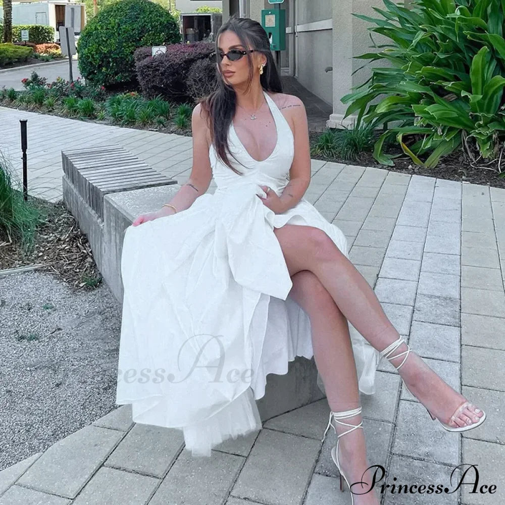 Open Back Halter Deep Graceful V-neck White Ankle Length Dress