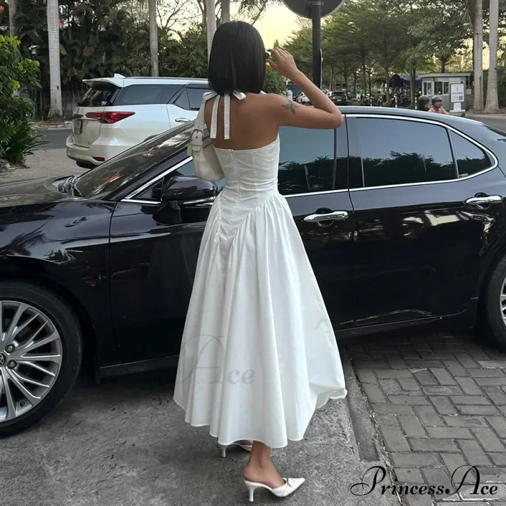 Open Back Halter Deep Graceful V-neck White Ankle Length Dress