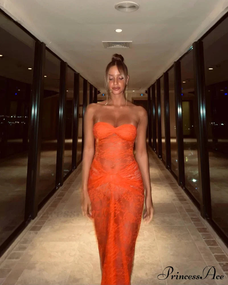 Orange Sheer Lace Charming Draped Tube Maxi Dress