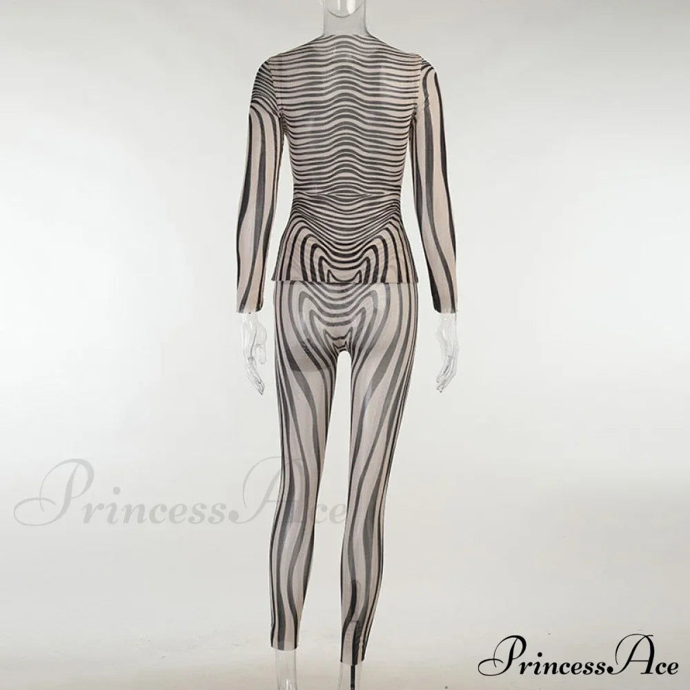 Pants Suit Sexy Costume Zebra Co-ord Striped Tracksuit for Mesh + Set 2 T-shirt Piece Long Autumn Women