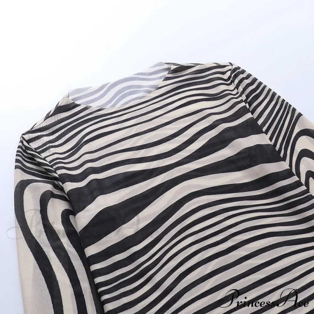 Pants Suit Sexy Costume Zebra Co-ord Striped Tracksuit for Mesh + Set 2 T-shirt Piece Long Autumn Women