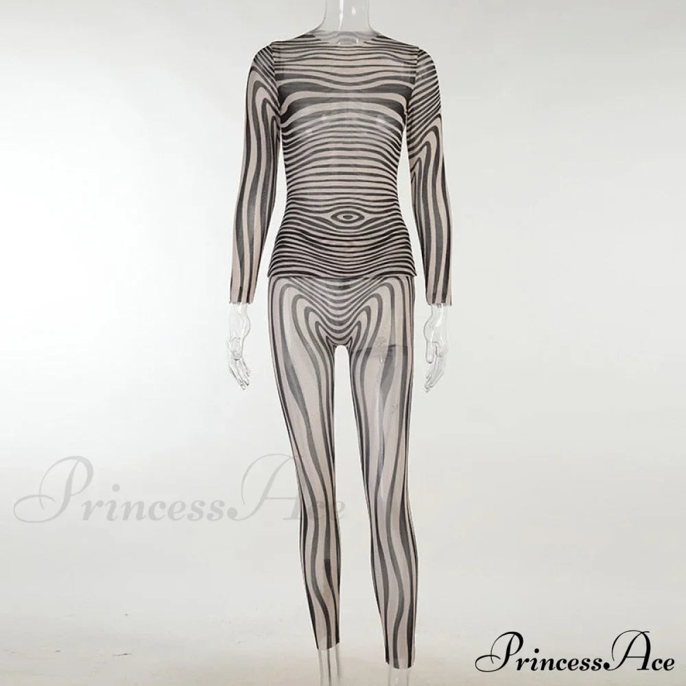 Pants Suit Sexy Costume Zebra Co-ord Striped Tracksuit for Mesh + Set 2 T-shirt Piece Long Autumn Women