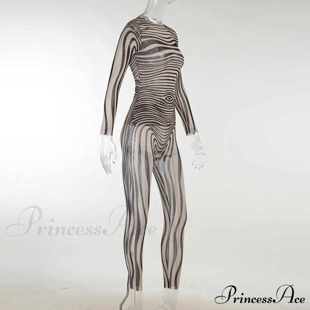 Pants Suit Sexy Costume Zebra Co-ord Striped Tracksuit for Mesh + Set 2 T-shirt Piece Long Autumn Women