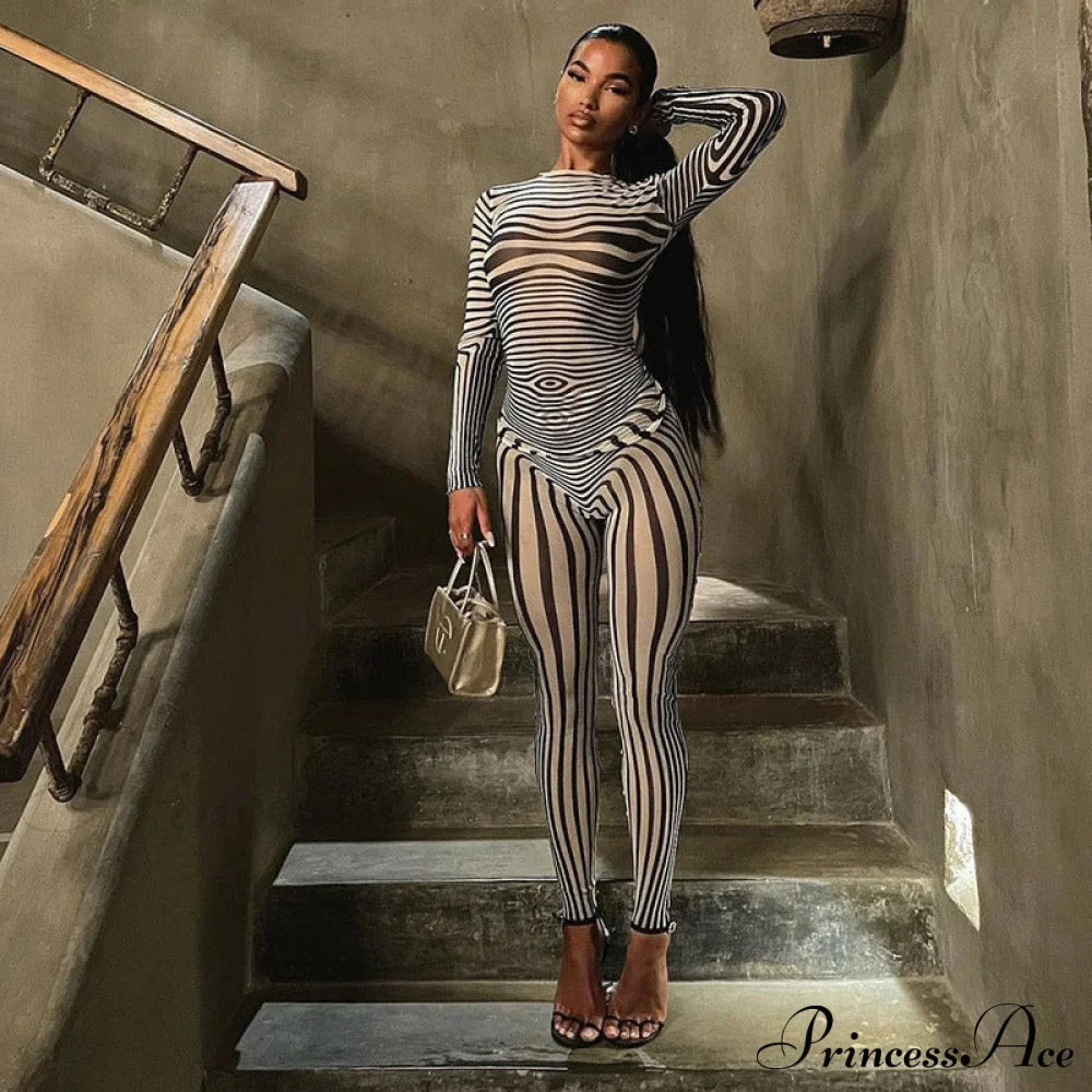 Pants Suit Sexy Costume Zebra Co-ord Striped Tracksuit for Mesh + Set 2 T-shirt Piece Long Autumn Women
