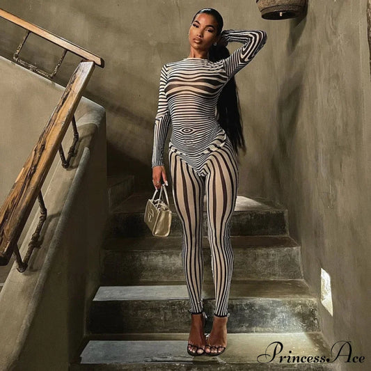 Pants Suit Sexy Costume Zebra Co-ord Striped Tracksuit for Mesh + Set 2 T-shirt Piece Long Autumn Women