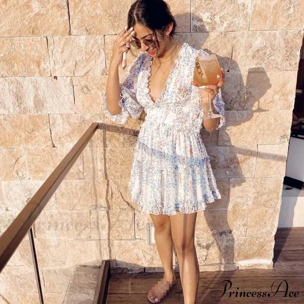 Party Gown Harlow Backless Design V-Neck Mini - Warm-Season Ruffle - Women's Flowered Dress