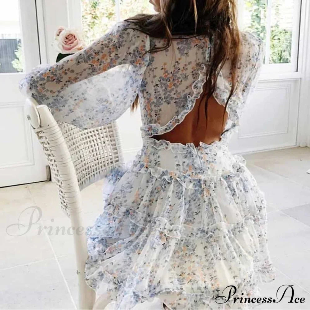 Party Gown Harlow Backless Design V-Neck Mini - Warm-Season Ruffle - Women's Flowered Dress