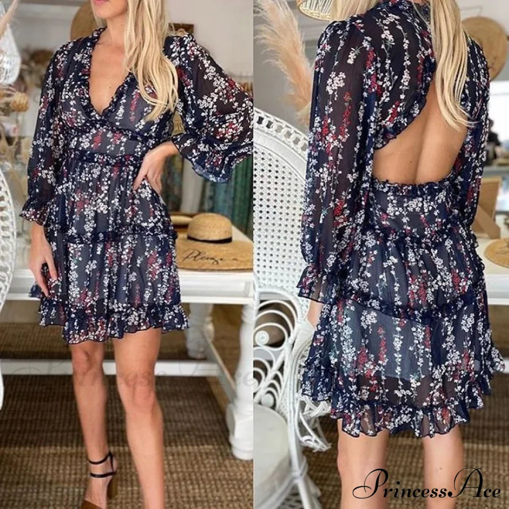 Party Gown Harlow Backless Design V-Neck Mini - Warm-Season Ruffle - Women's Flowered Dress