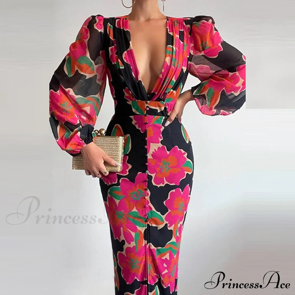 Party Slit - Design with and Elegant Gown Full-Length V-Neck Women's Dress