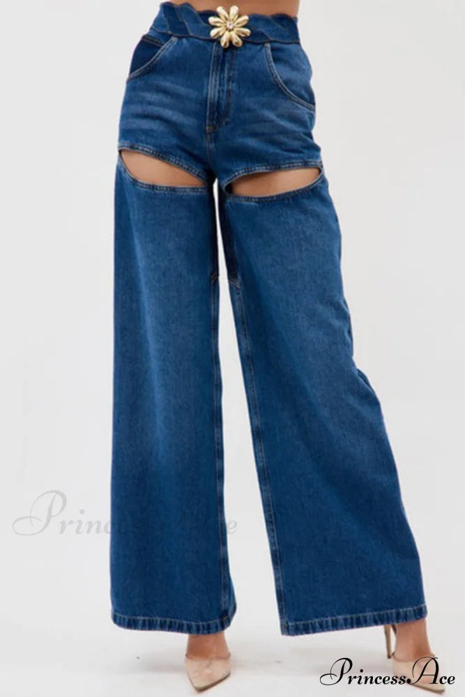 Patchwork Decoration Accessories Waist Denim Metal High Jeans