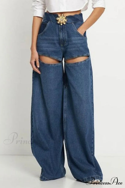 Patchwork Decoration Accessories Waist Denim Metal High Jeans