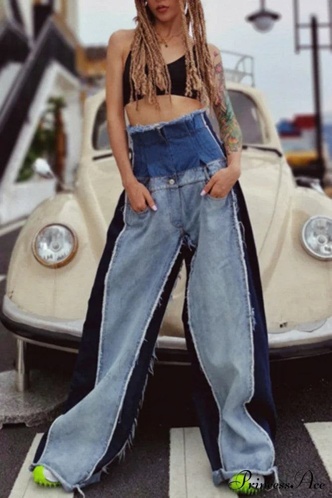Patchwork Denim Waist High Jeans