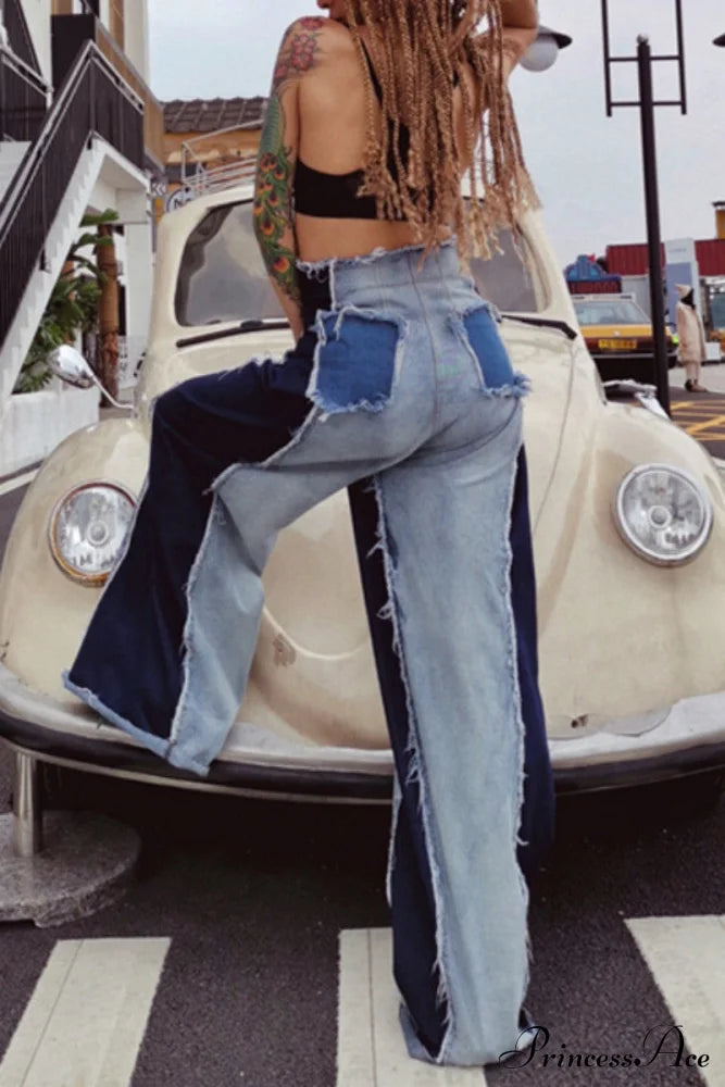 Patchwork Denim Waist High Jeans