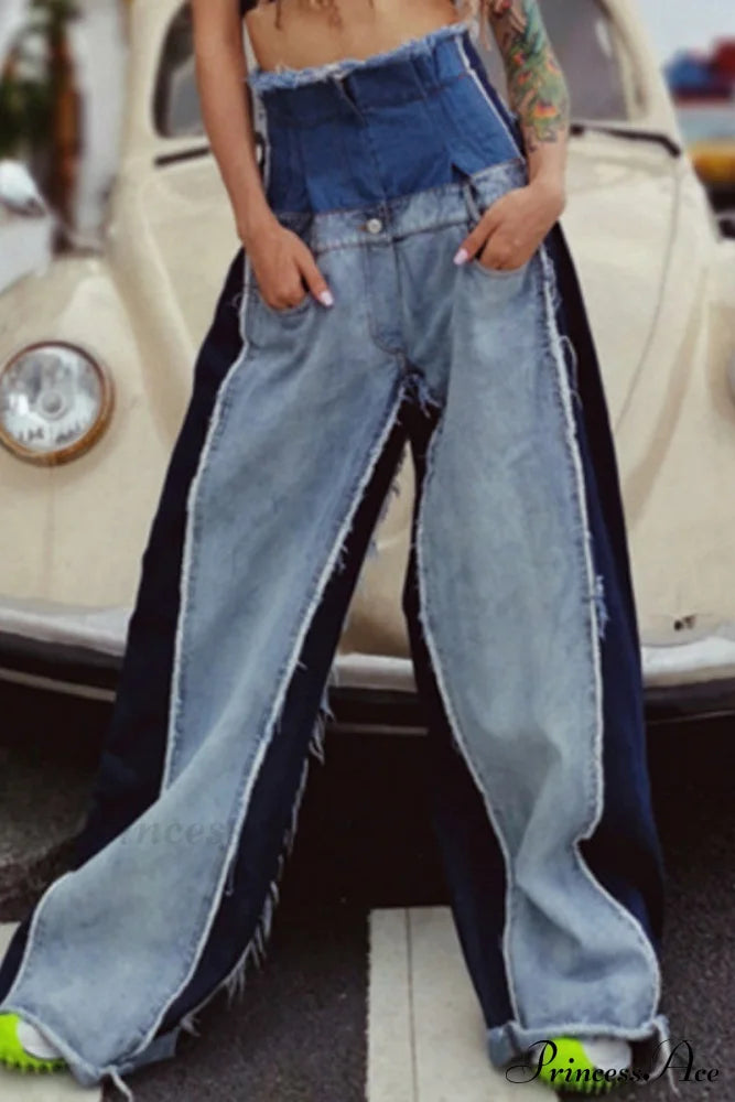 Patchwork Denim Waist High Jeans