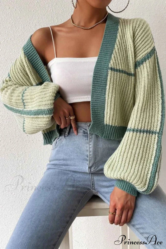 Patchwork Knit Long Sleeve Open-Front Cardigan