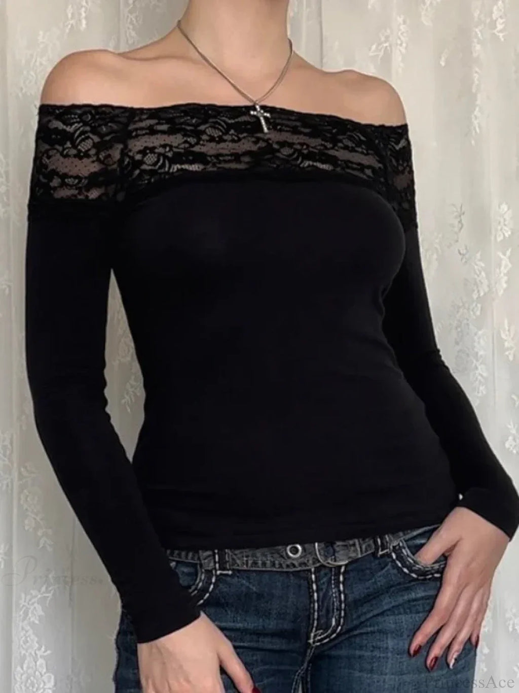 Patchwork Lace Cropped Slim Slash Neck Long Sleeve Knit Top