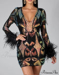Patchwork Print Skinny Ostrich Feather Sequins Party Dress
