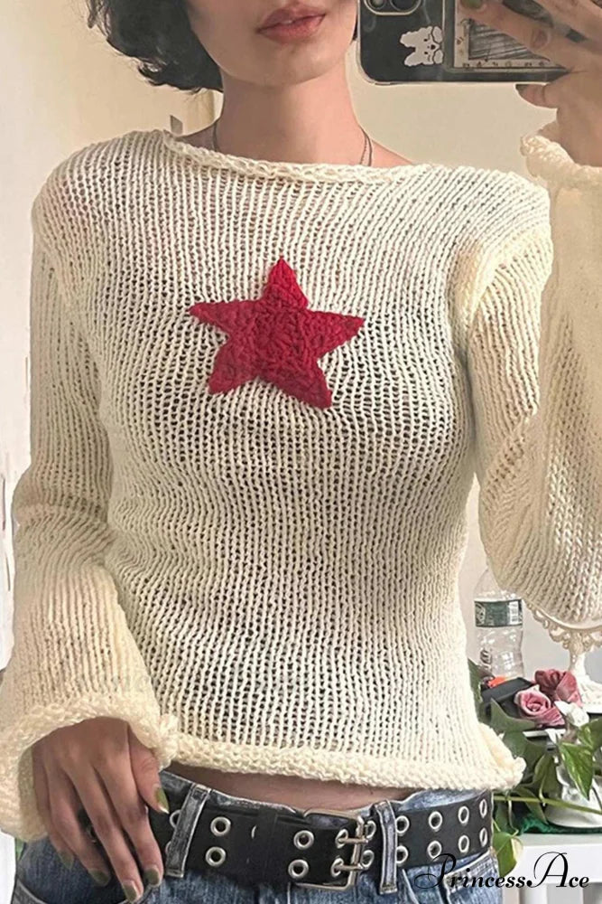 Sexy Sheer Hollow-Out Red Star Long-Sleeve Knit Top