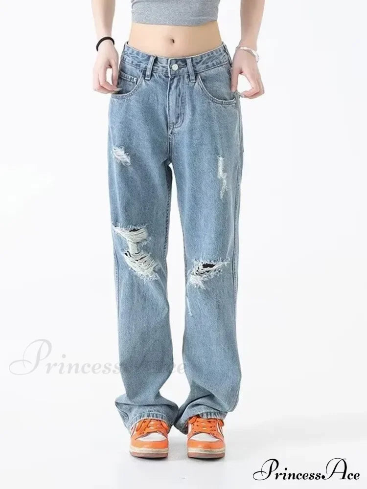 Perforated Jean Summer Thin High Street Trendy Brand Handsome And Loose Fitting Straight Casual Sports Pants Women's Jean