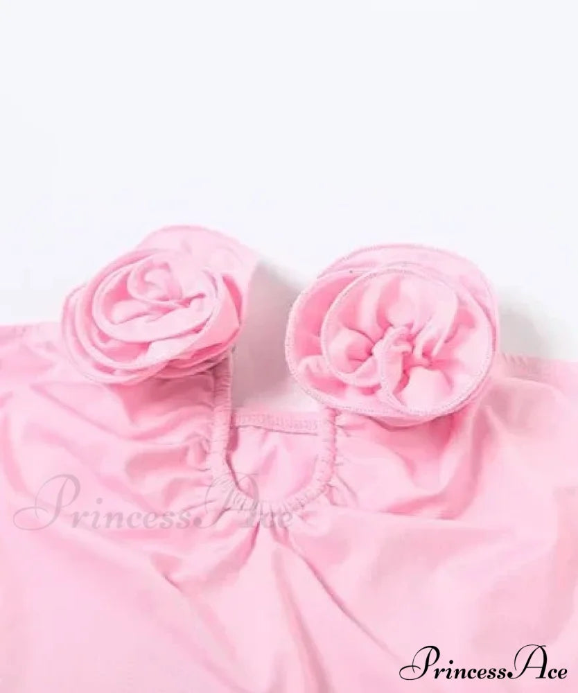Pink 3D Floral-applique Charming Strapless Maxi Dress