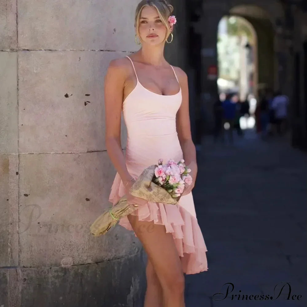 Pink Asymmetric Frill Charming Trim Cami Mini Dress