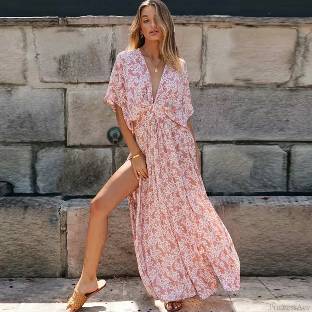 Pink Floral Maxi Dress Sexy Deep V-neck Side Split Boho Dress