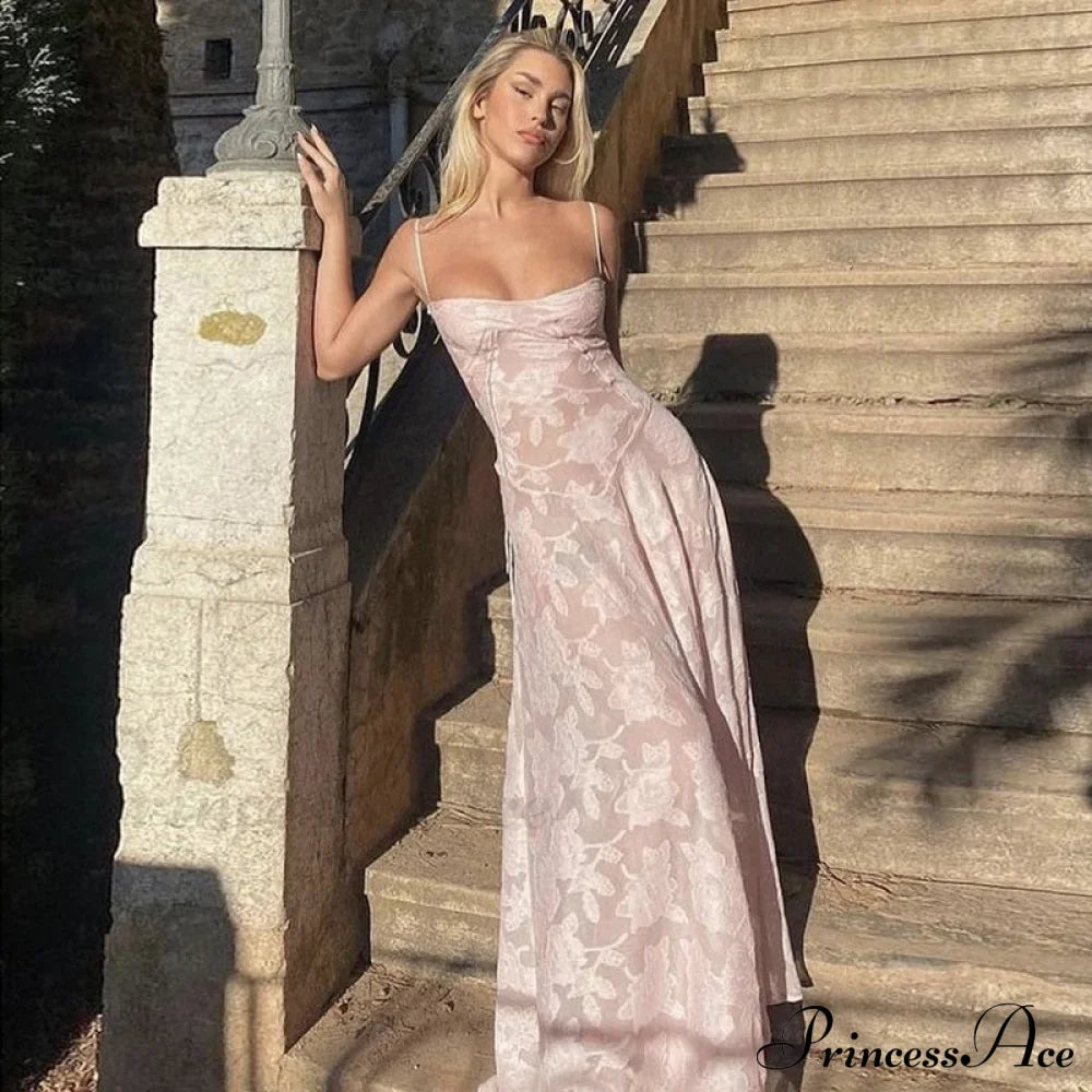 Pink Floral Stylish Lace Maxi Dress