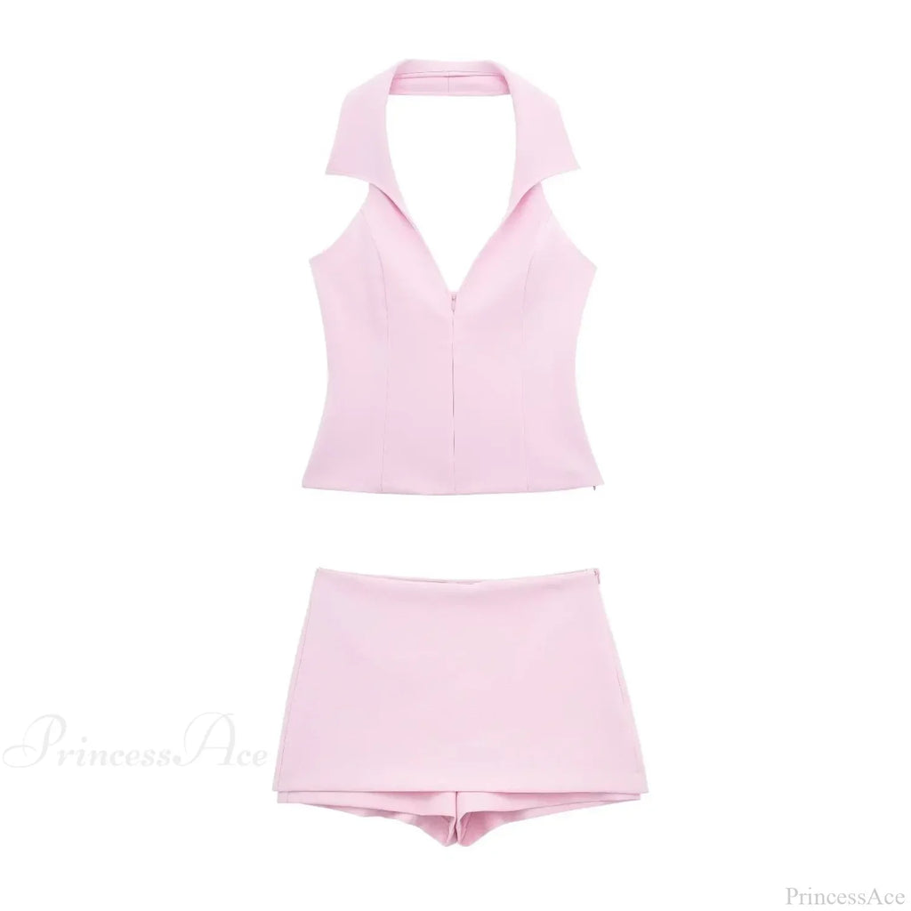Pink Halter Sleeveless Charming Top And Skort Set