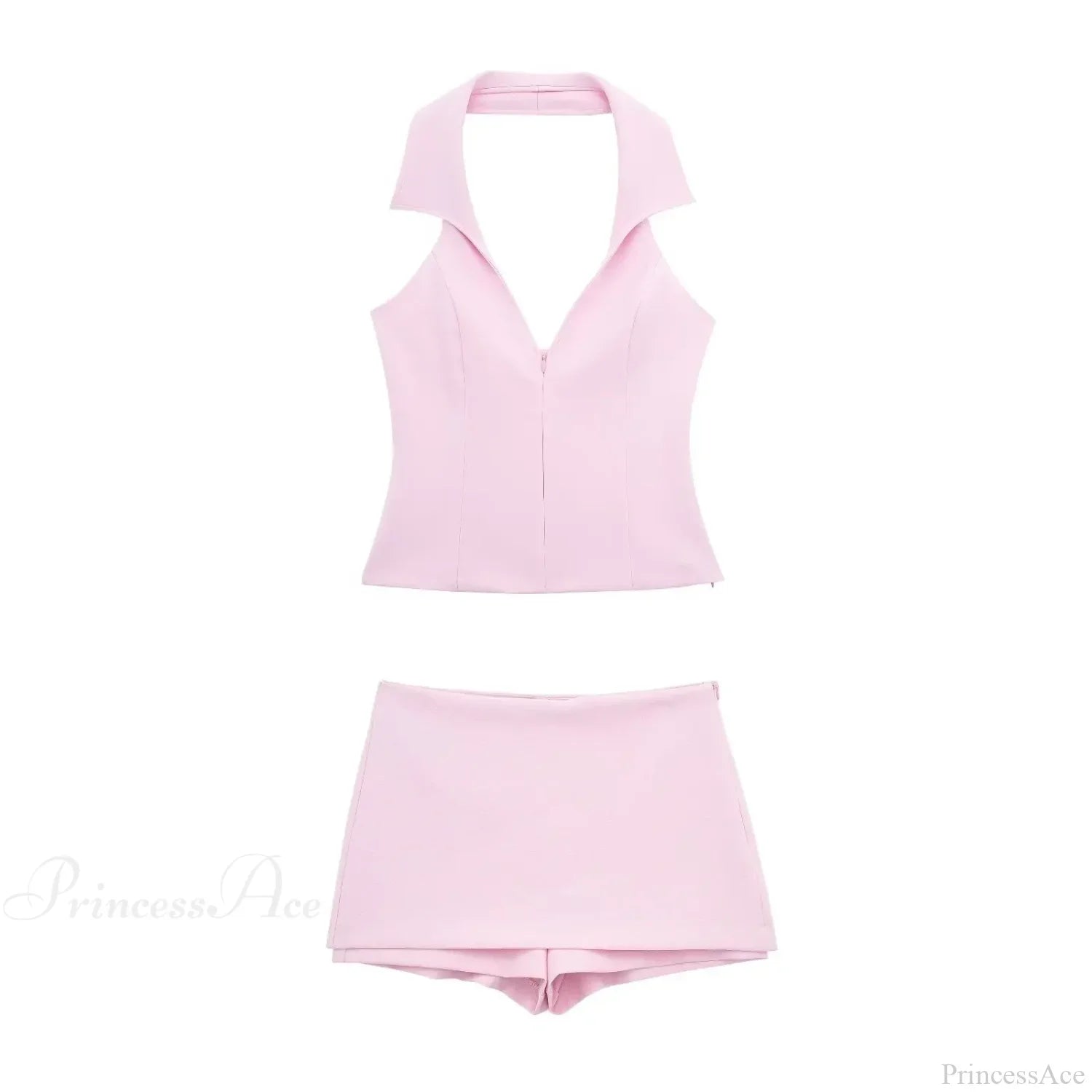 Pink Halter Sleeveless Charming Top And Skort Set