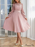 Pink Lace Pleated Party Dress with Belt