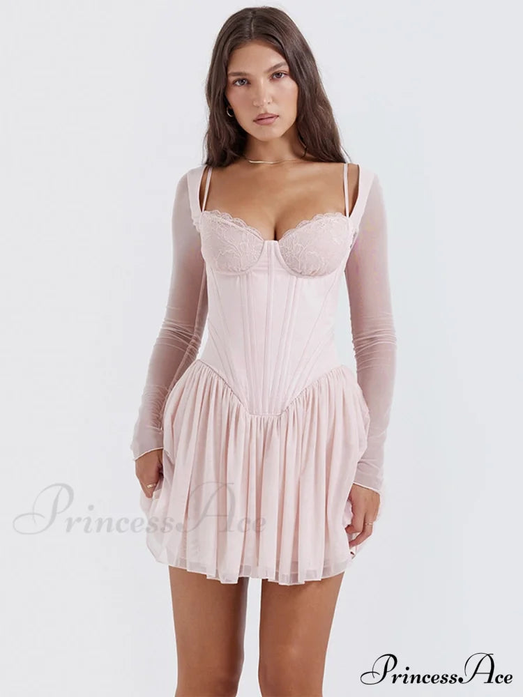 Pink Long Sleeve Charming Bustier Frill Mini Dress